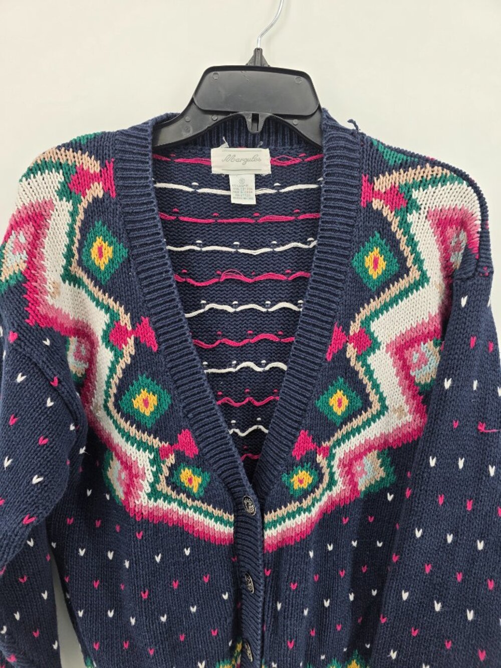 Margules Vintage Navy Fair Isle Heart Knit Cardigan Womens Small 80s 90s - Picture 3 of 9